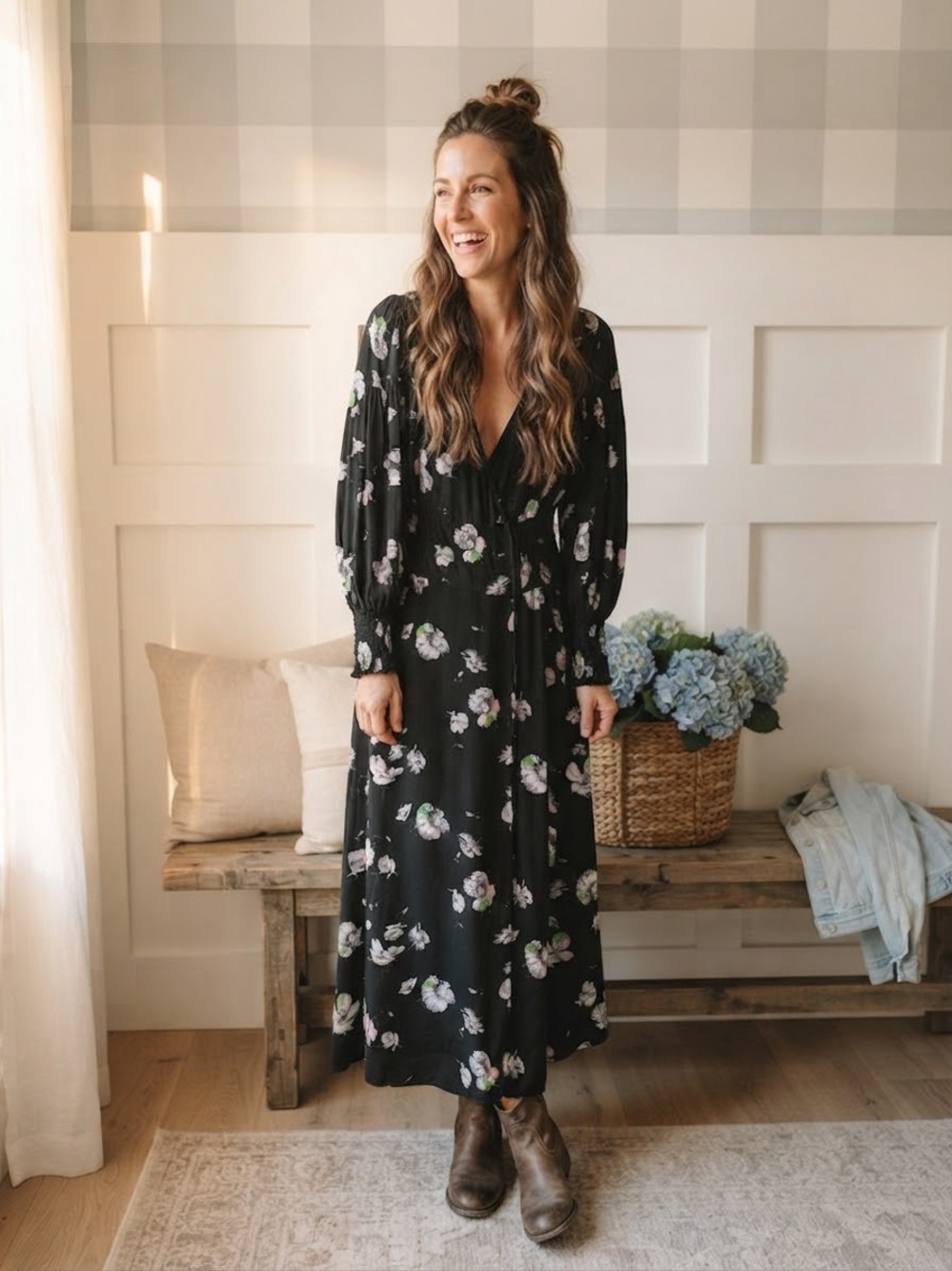 Free People Black Floral V-Neck Long Sleeve Maxi Dress Medium
